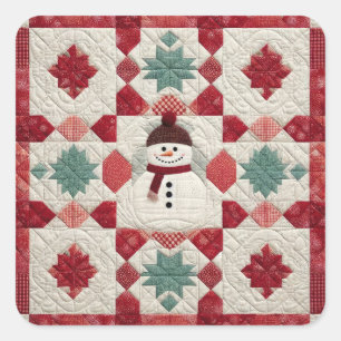 Quilted Pattern Snowman Red White Green Square Sticker