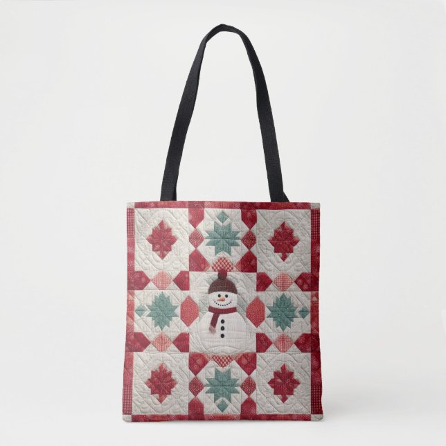 Quilted Pattern Snowman Red White Green Tote Bag (Front)