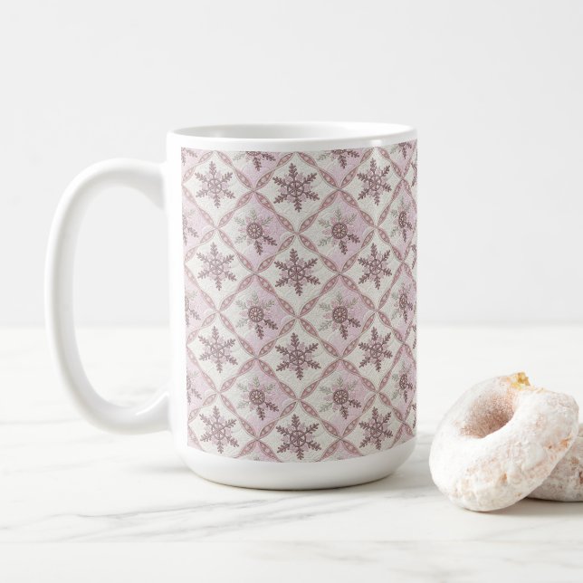 Quilted Pink Snowflake Pattern Winter Coffee Mug (With Donut)