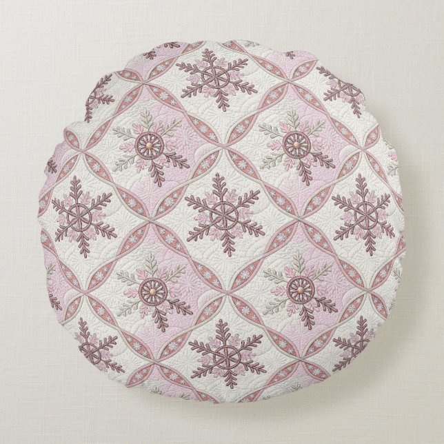 Quilted Pink Snowflake Pattern Winter Round Cushion (Front)