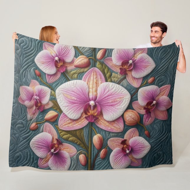 Quilted Purple Pink Orchid Design Fleece Blanket (In Situ)
