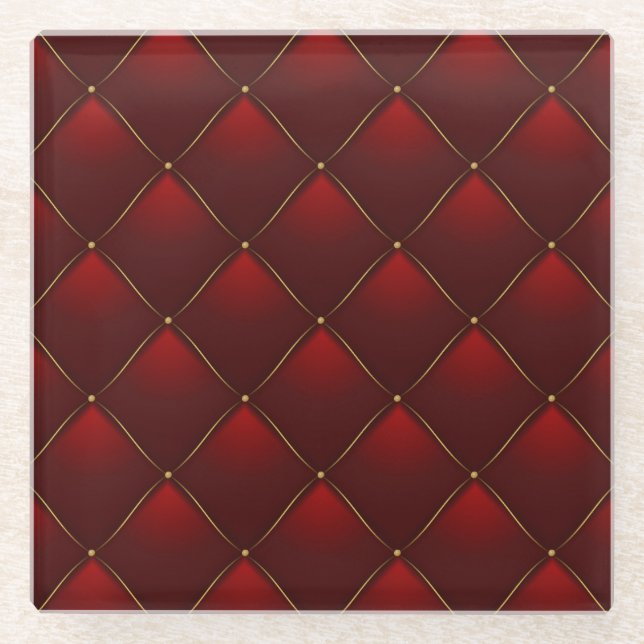 Quilted Red Gold Thread Background Glass Coaster (Front)