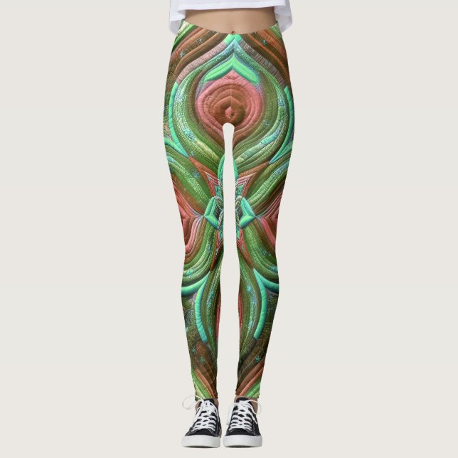 Quilted Rose and Green Abstract Design Leggings (Front)