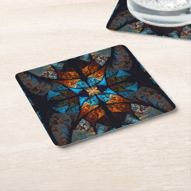 Quilted Star Abstract in Blues Square Paper Coaster (Angled)