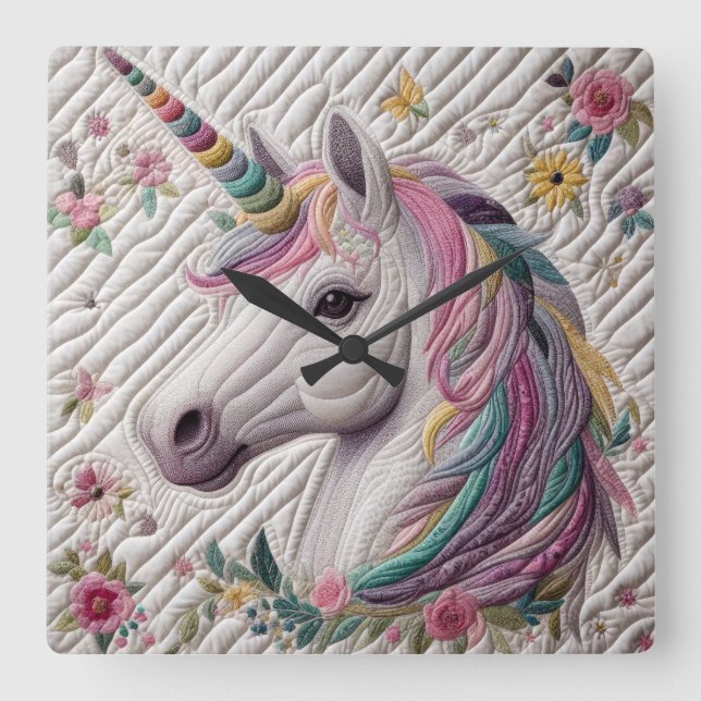 Quilted Unicorn Square Wall Clock (Front)