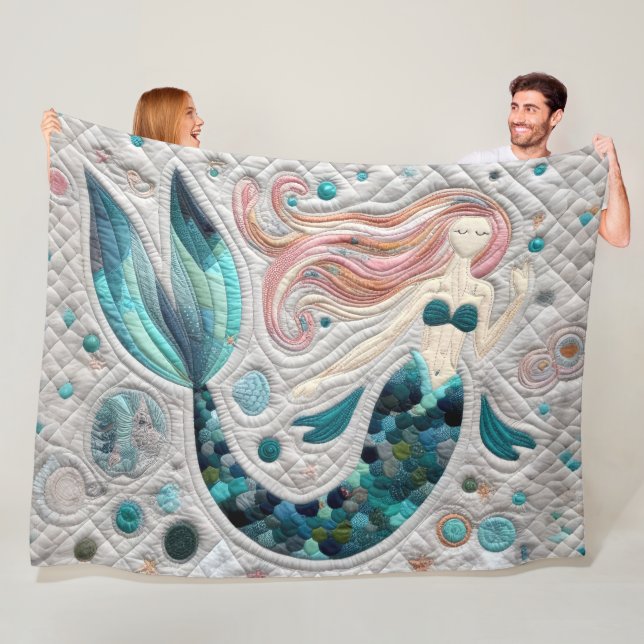 Quilted Whimsical Abstract Mermaid Fleece Blanket (In Situ)