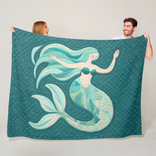 Quilted Whimsical Abstract Mermaid Teal Fleece Blanket (In Situ)