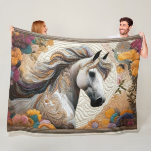 Quilted White Horse and Flowers Fleece Blanket