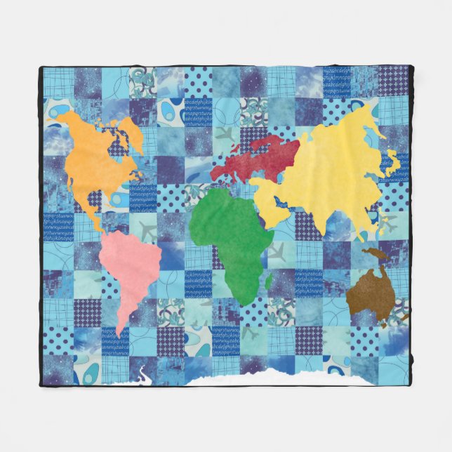 Quilted World Map Fleece Blanket (Front (Horizontal))