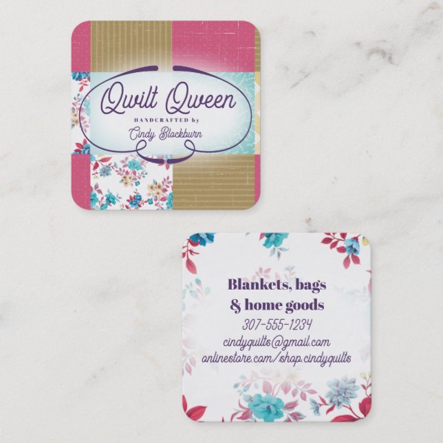 Quilter quilting block quilt fabric crafts floral  square business card (Front/Back)