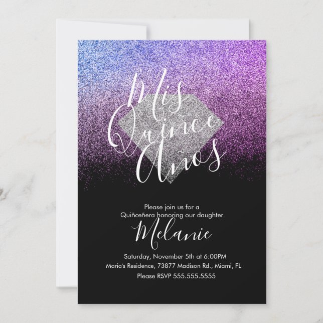 Quiñce Faux Glitter Diamond Black Purple Birthday  Invitation (Front)