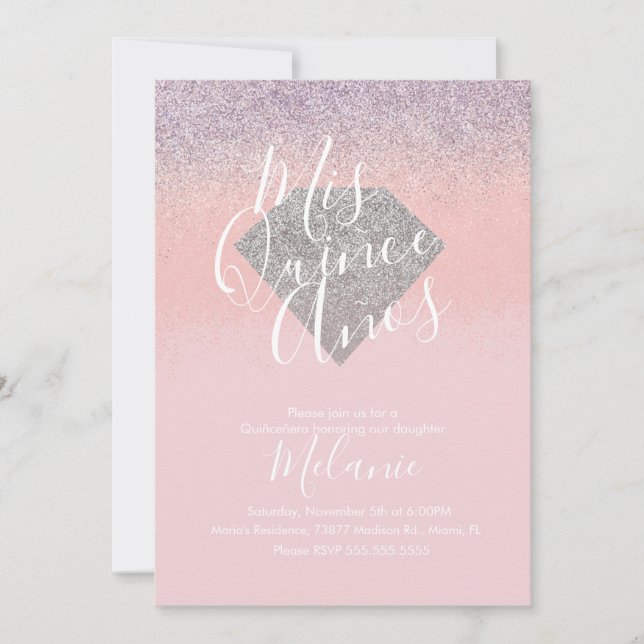 Quiñce Faux Glitter Diamond Pink Birthday Invitation (Front)