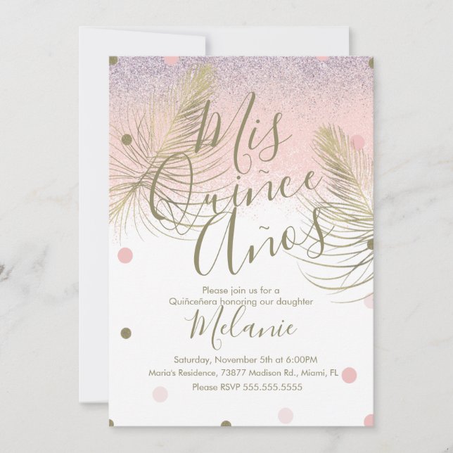 Quiñce Faux Glitter Dots Gold Feather Pink Invitation (Front)