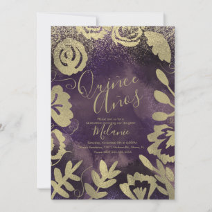 Quiñce Faux Glitter Purple Floral Gold Birthday Invitation