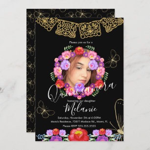 Quince Glitter Faux Floral Butterflies Mexican Invitation