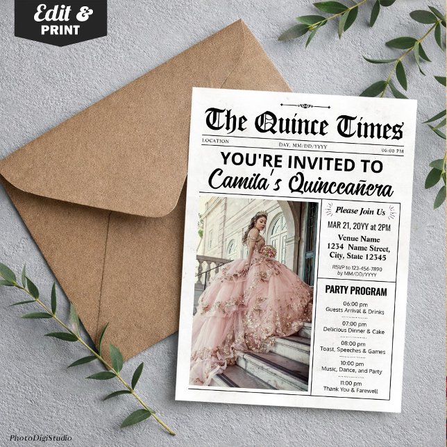 Quince Invite, Newspaper with Program, Quinceañera Invitation (Quince Invite, Newspaper with Program, Quinceañera Invitation)