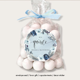 Quince, Spanish, Light Blue Floral Wreath Classic Round Sticker