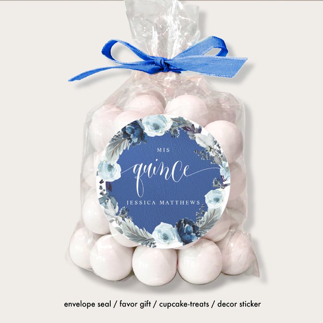 Quince, Spanish, Royal/Navy Blue Floral Wreath Classic Round Sticker (Creator Uploaded)