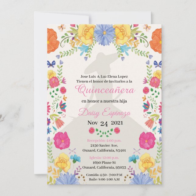 Quinceañera Invitation multi color, flowers  (Front)