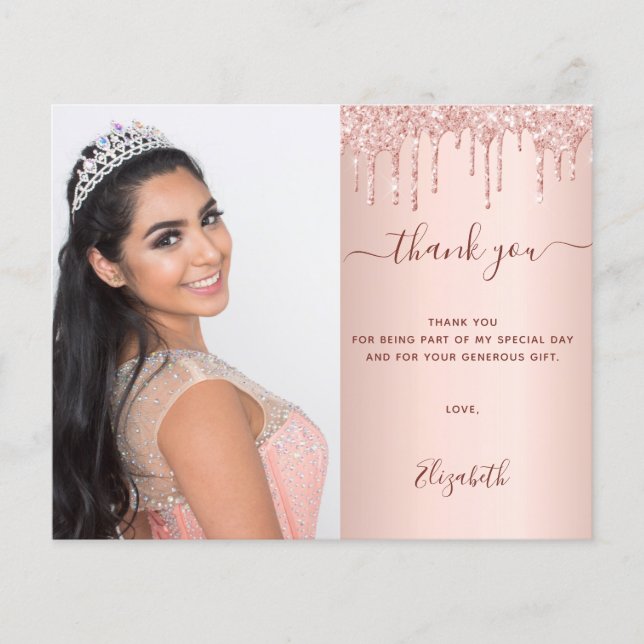 Quinceanea rose glitter QR photo thank you card (Front)
