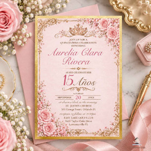 Quinceañera 15 Años Pink Floral Vintage Gold Invitation