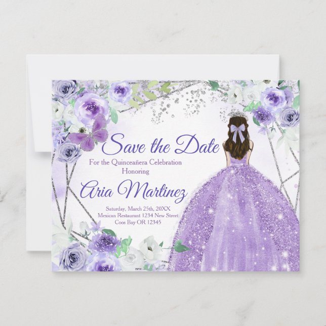 Quinceañera 15 Anos Silver & Purple Save the Date Thank You Card (Front)