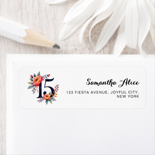 Quinceanera 15 Birthday Folral Return Address Label (Insitu)