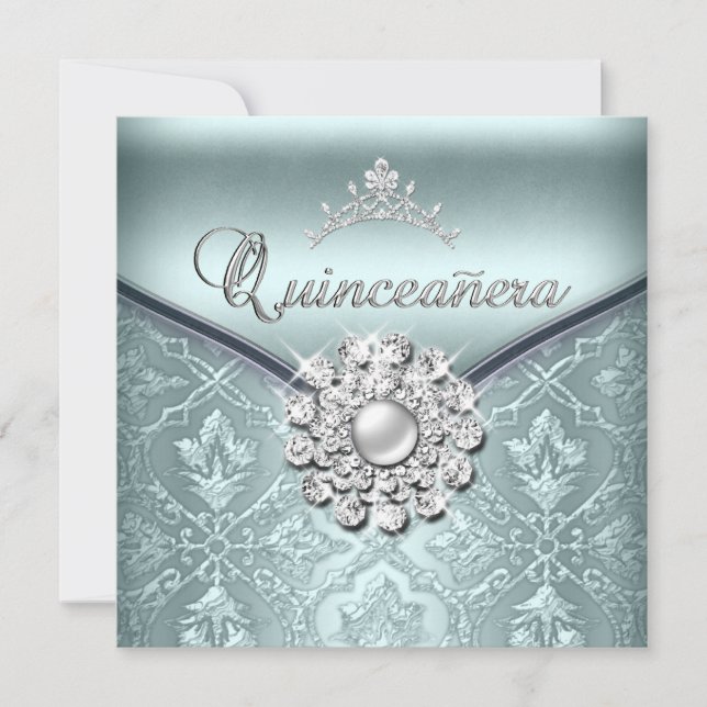 Quinceañera 15 Birthday Party Damask Blue Invitation (Front)