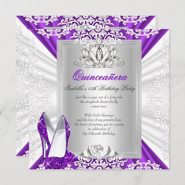 Quinceanera 15 Birthday Party Glitter Purple Heels Invitation (Front/Back)