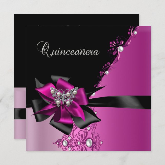 Quinceanera 15 Birthday Party Hot Pink Black Invitation (Front/Back)