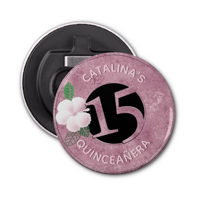 Quinceanera 15 Birthday Pink Faux Metallic Floral Bottle Opener (Front)