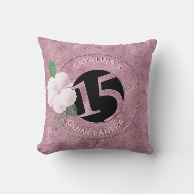 Quinceanera 15 Birthday Pink Faux Metallic Floral Cushion (Front)