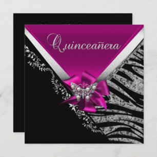 Quinceanera 15  Birthday Zebra Pink Black Silver Invitation