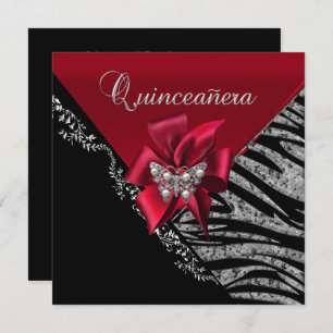 Quinceanera 15  Birthday Zebra Red Black Silver Invitation