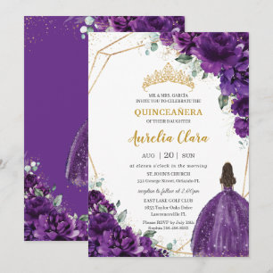 Quinceañera 15 Dark Royal Purple Dress Gold Floral Invitation