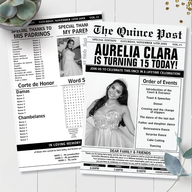 Quinceañera 15 Newspaper Program Order of Events (Creator Uploaded)