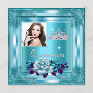 Quinceanera 15 Party Blue Teal Roses Photo Invitation