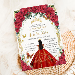 Quinceañera 15 Red Floral Vintage Gold Black Hair Invitation