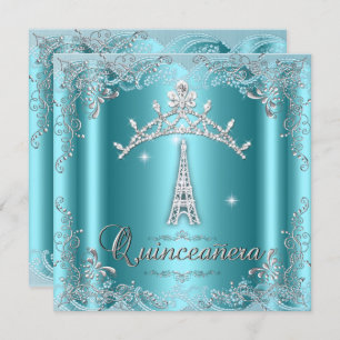Quinceanera 15 Teal Blue Silver Tiara Eiffel Tower Invitation