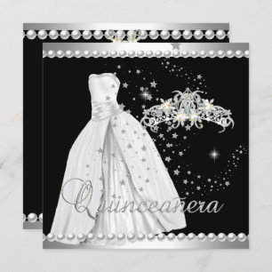 Quinceanera 15 Tiara Gown Black Silver White Invitation
