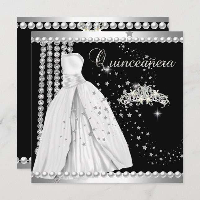 Quinceanera 15 Tiara Gown Black Silver White Invitation (Front/Back)