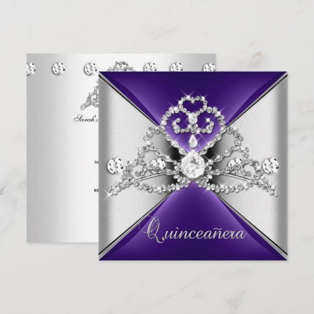Quinceanera 15 Tiara Purple Silver White Diamond Invitation (Front/Back)