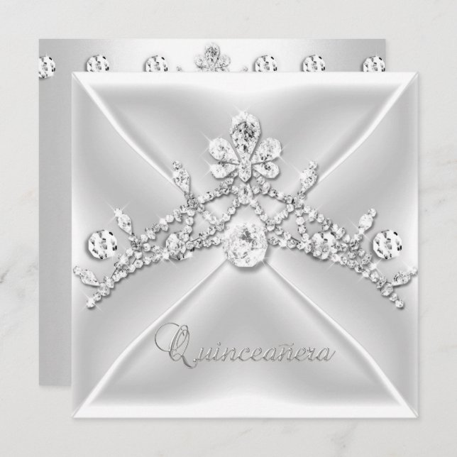 Quinceanera 15 Tiara Silver White Diamond Invitation (Front/Back)