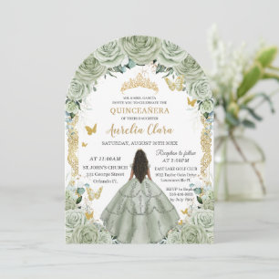 Quinceañera 15 XV Sage Green Floral Gold Arch Invitation