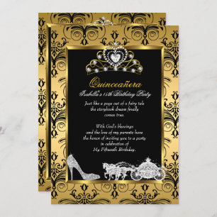 Quinceanera 15th Birthday Black Gold Damask Invitation