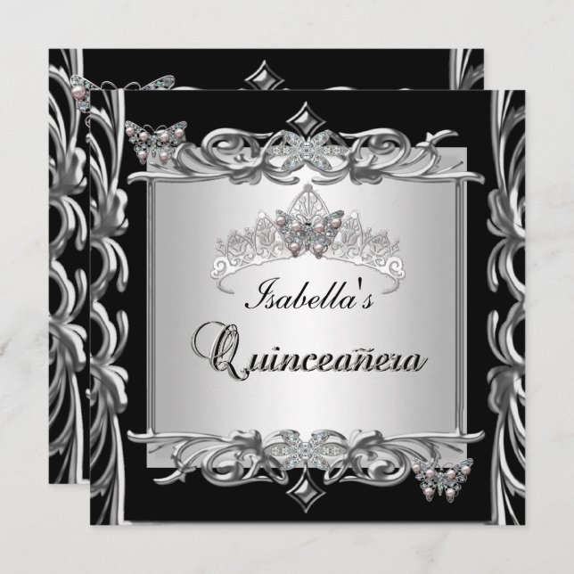 Quinceanera 15th Birthday Butterflies Silver Black Invitation (Front/Back)
