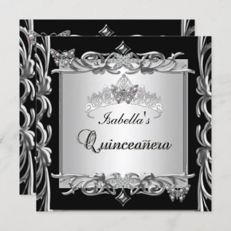 Quinceanera 15th Birthday Butterflies Silver Black Invitation