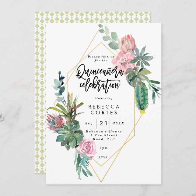 Quinceanera 15th birthday cactus geometric invitation (Front/Back)