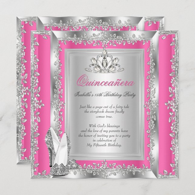 Quinceanera 15th Birthday Candy Pink Silver Shoes Invitation (Front/Back)