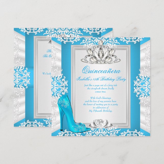 Quinceanera 15th Birthday Cinderella Blue Heel Invitation (Front/Back)